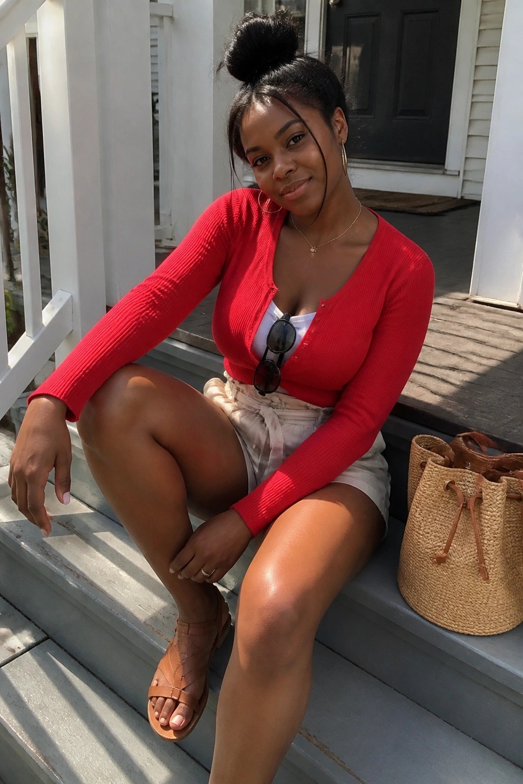 Woman in red cardigan and light shorts sitting on porch steps with straw bag