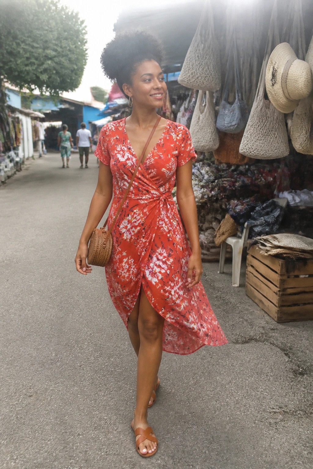 A Black woman in a red floral wrap dress with short sleeves, waist tie, and front slit, accessorized with a round woven bag, brown crossbody strap, and matching sandals.