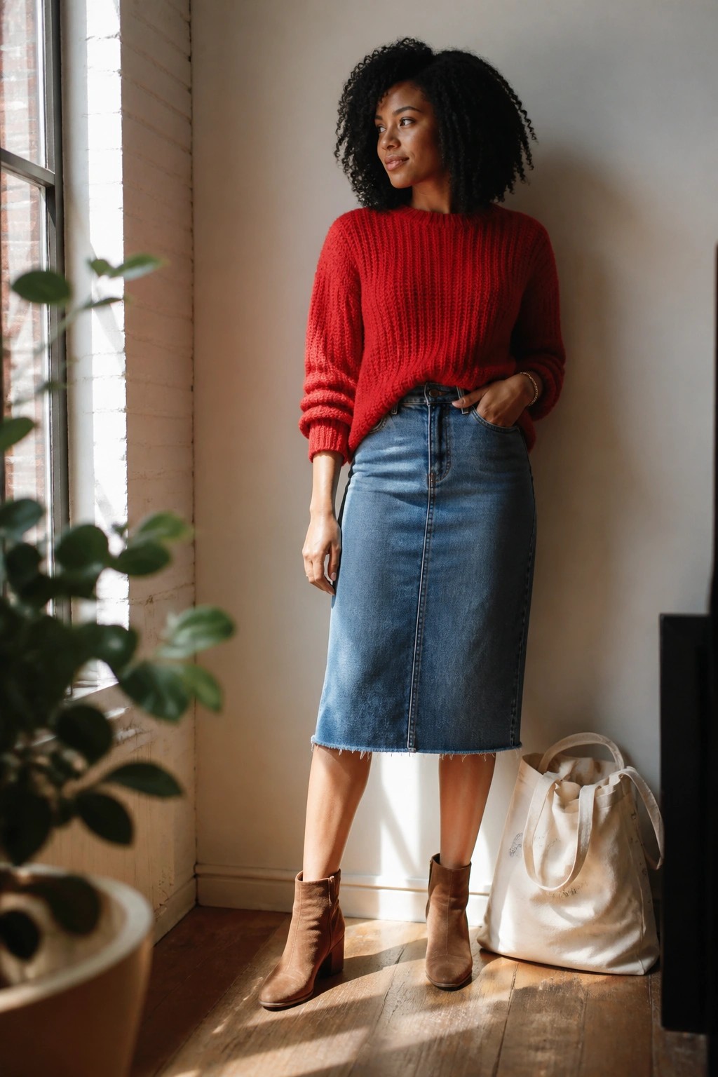 Woman with curly hair in red knit sweater and blue denim skirt by sunlit window