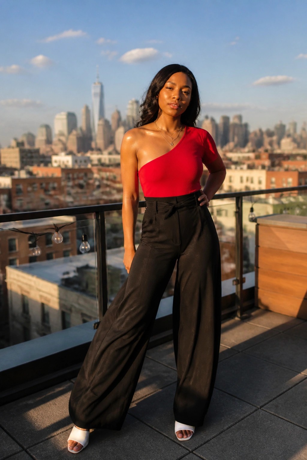 Woman in red one-shoulder top and black wide pants on NYC rooftop with skyline.