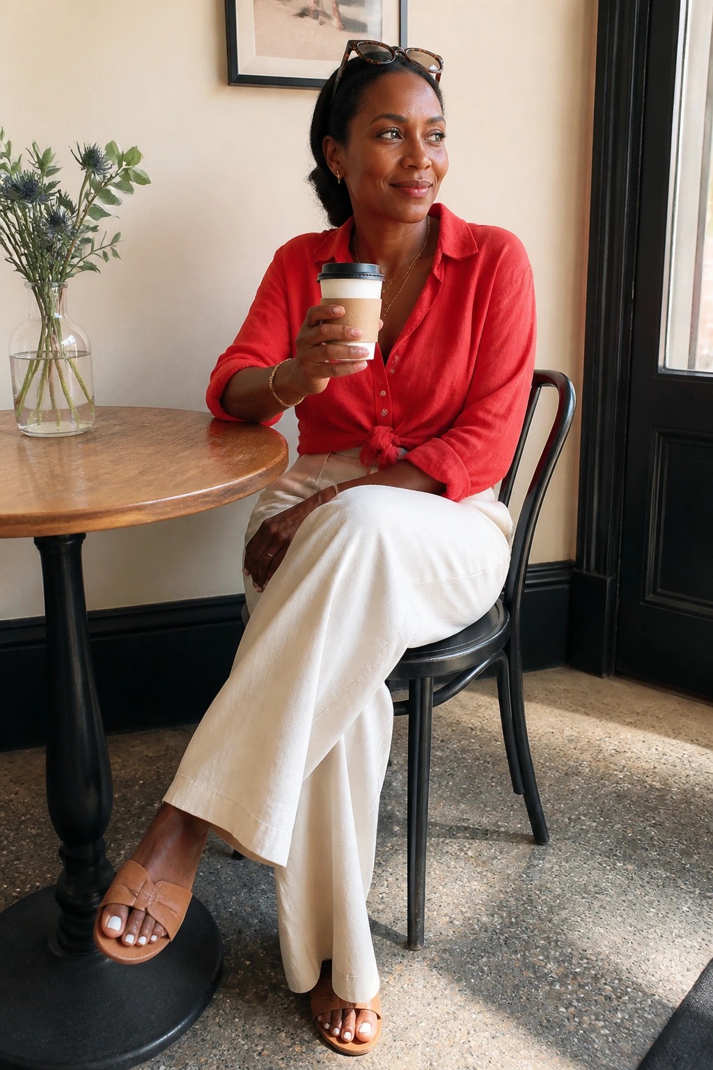 Black woman in red button-up shirt tied at waist, white wide-leg pants, brown slide sandals, layered gold necklaces, holding a coffee cup.