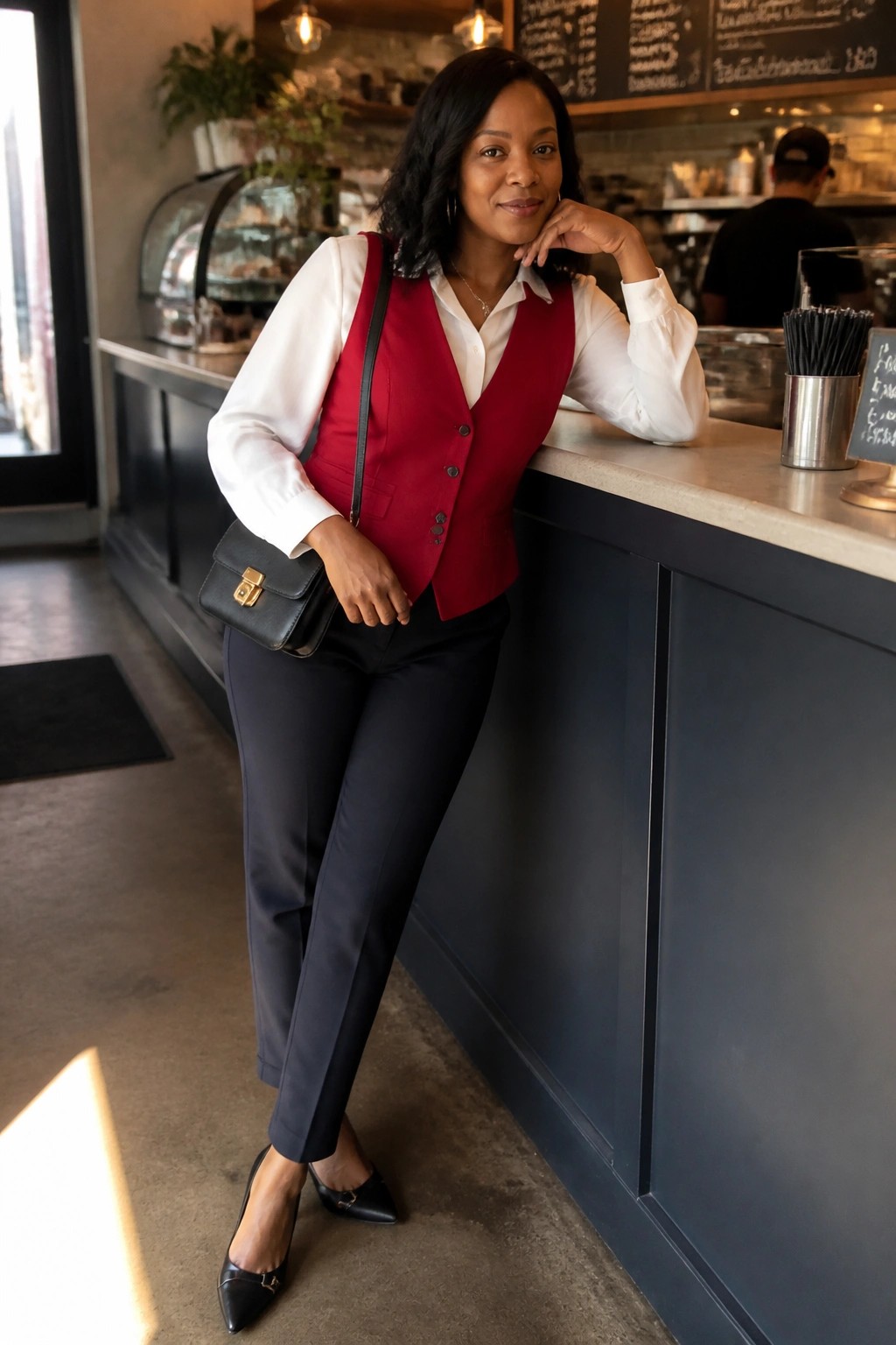 Woman wearing a red buttoned vest over a white long sleeve shirt with black trousers and pointed black flats while holding a small black crossbody bag.