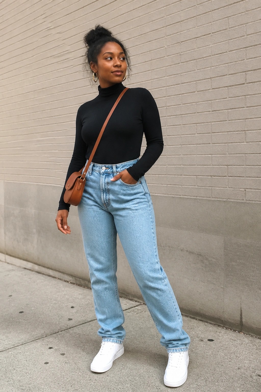 Woman in black turtleneck top tucked into light blue straight leg jeans with white sneakers and brown leather crossbody bag standing against a brick wall.