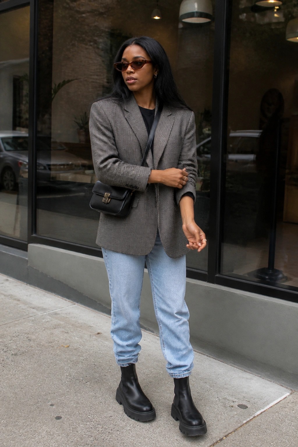Woman in houndstooth blazer, light blue jeans, and black platform boots with handbag.