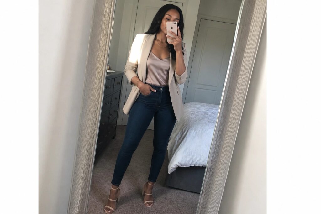 22 Effortless Going Out Outfits for Black Women Built Around Jeans Woman in beige blazer and dark jeans taking mirror selfie in bedroom.