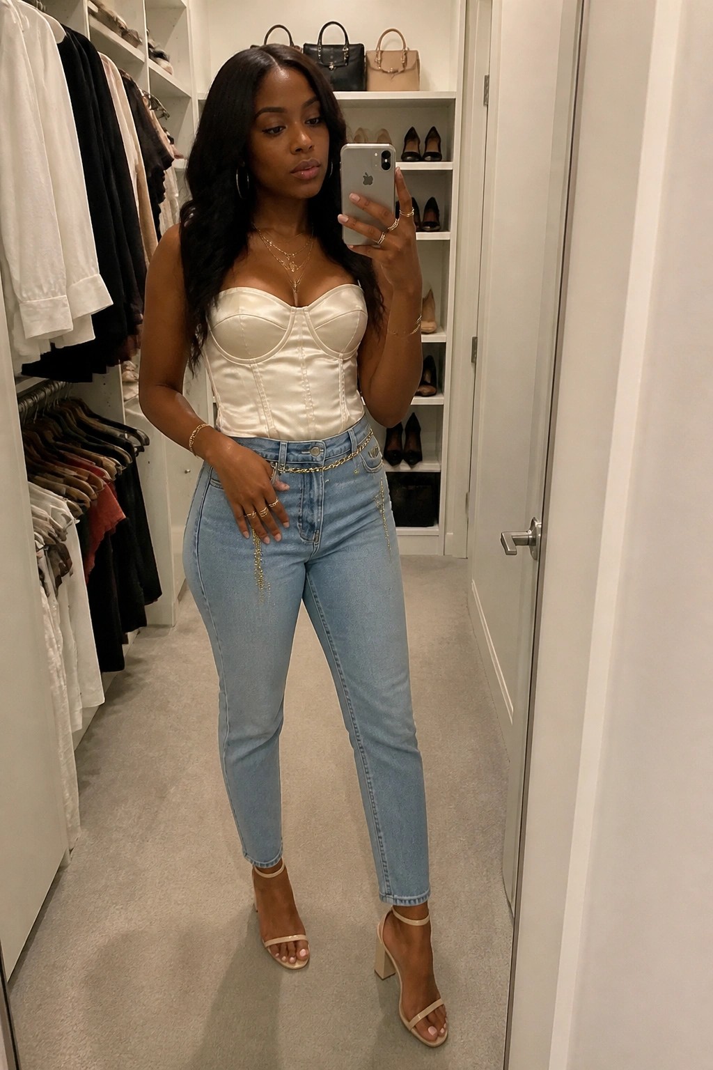Woman in white corset top and light blue jeans taking mirror selfie in closet.