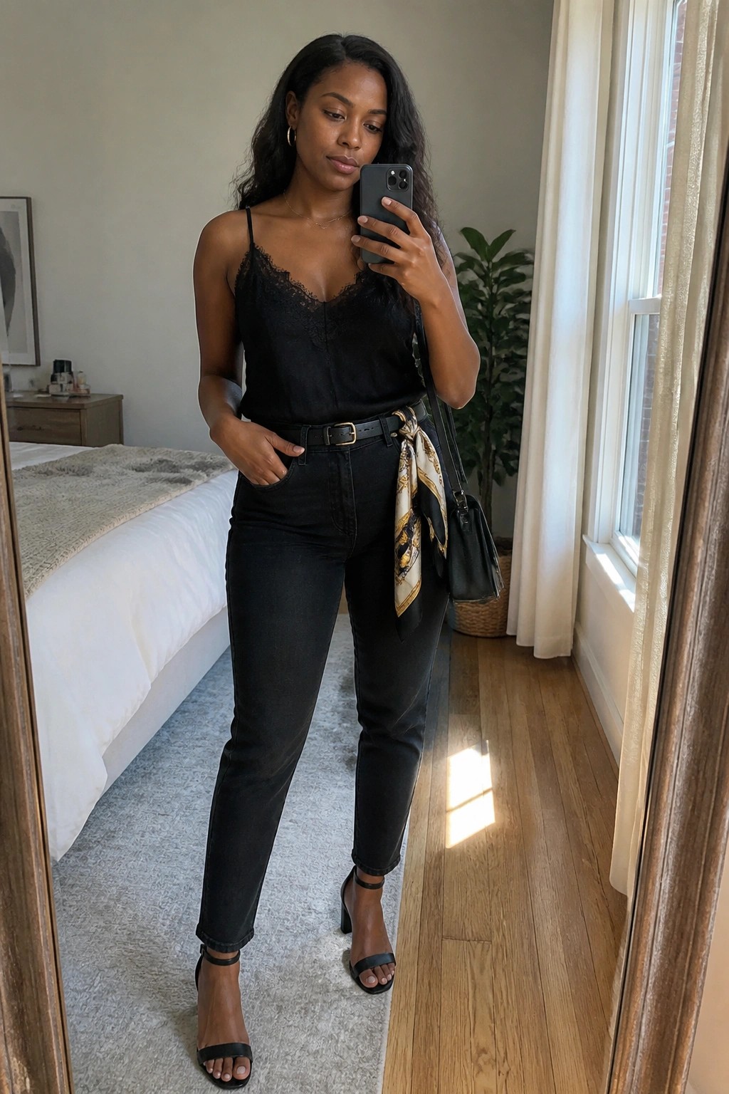 Woman in black lace camisole and jeans taking mirror selfie in bedroom.