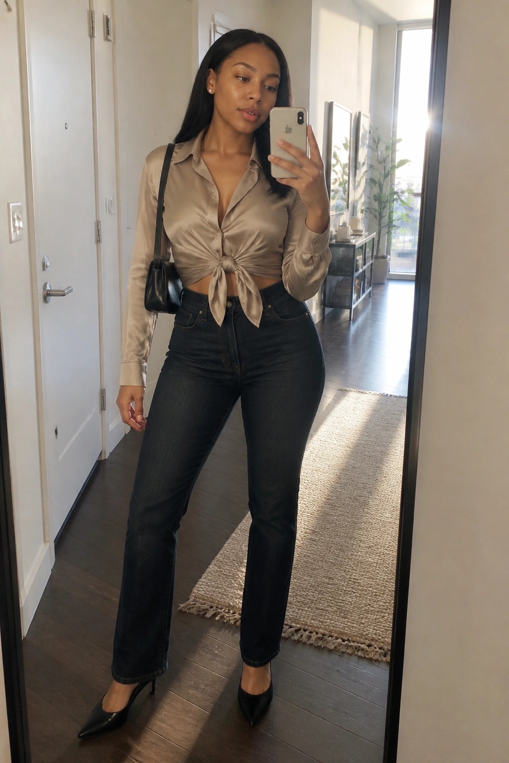 Woman in beige satin knotted shirt and dark jeans taking mirror selfie with phone