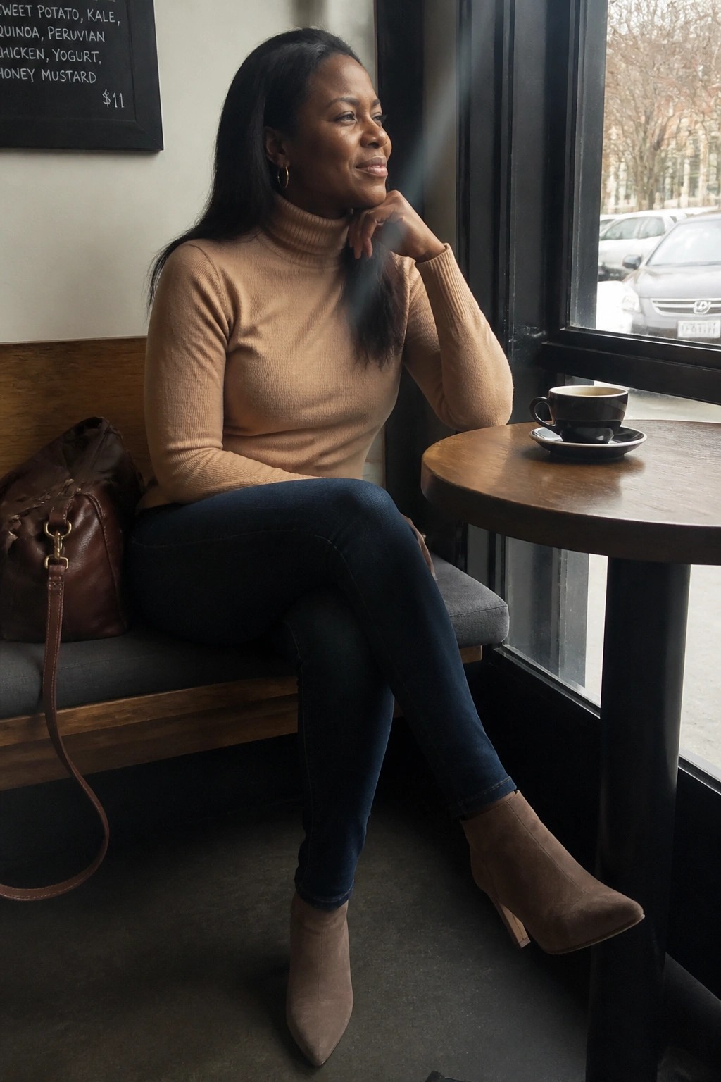 Woman in tan turtleneck and jeans seated at cafe table with coffee cup
