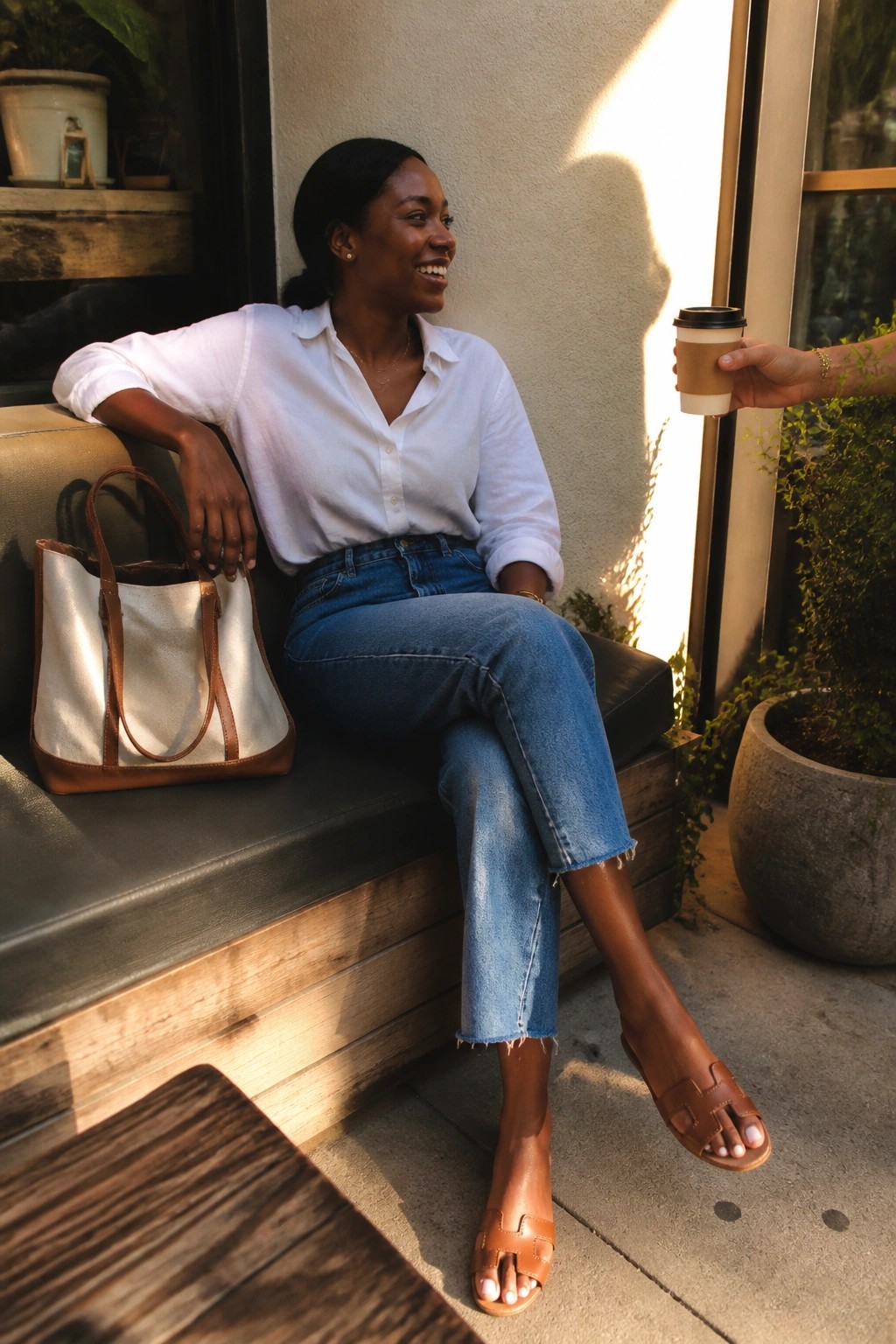 Black woman seated on a bench wearing a white button down shirt tucked into cropped blue jeans with frayed hems, brown leather H-strap sandals, and a matching white and brown tote bag.