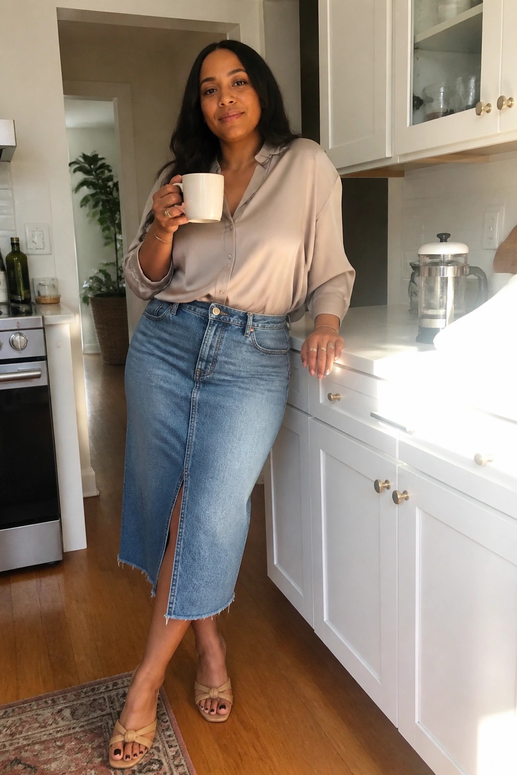 Woman in beige satin blouse and blue denim skirt holding mug in kitchen