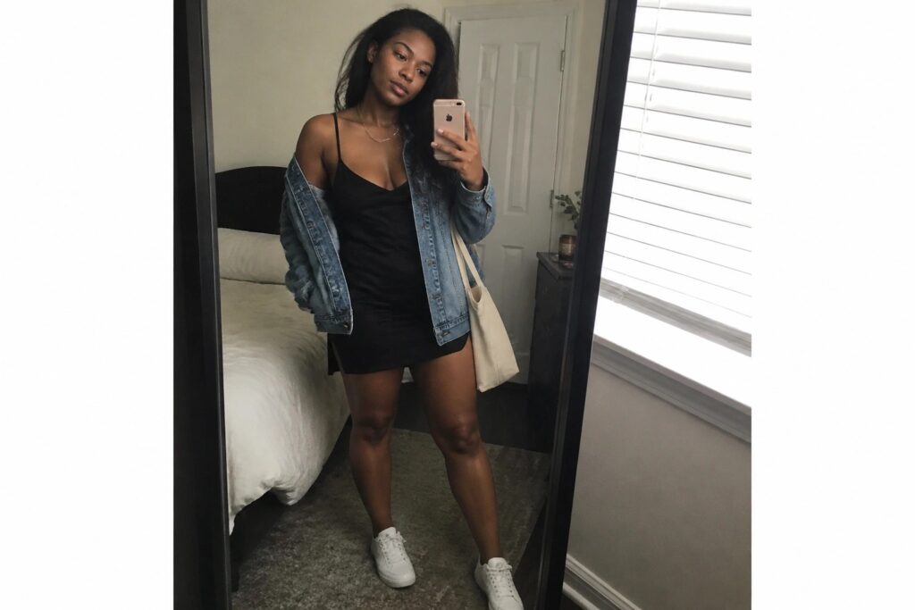 22 Elevated Bar Outfit Ideas for Black Women That Balance Comfort and Style Woman in black slip dress and denim jacket taking bedroom mirror selfie