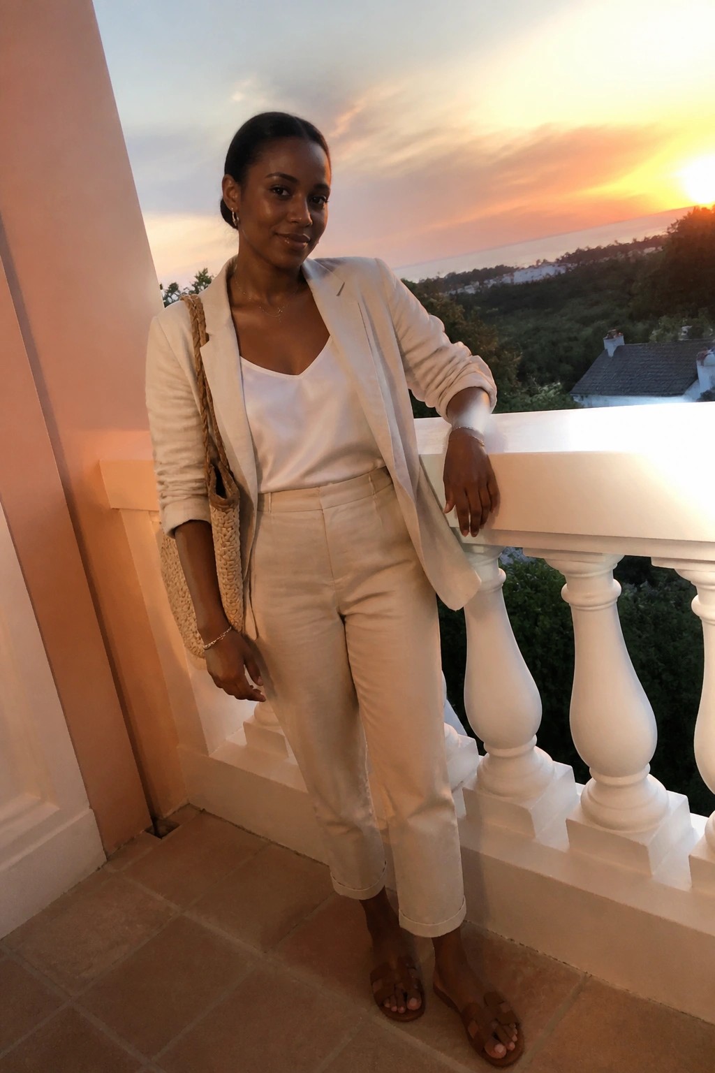 Woman in white blazer and pants leaning on balcony at sunset