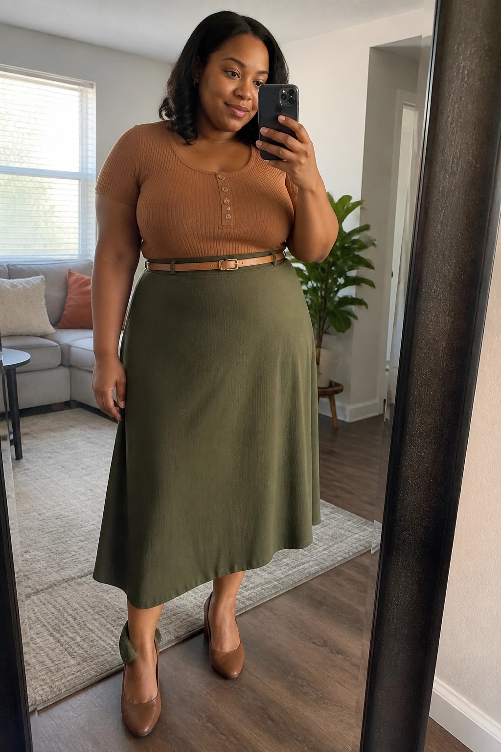 Woman in brown ribbed top and olive green skirt taking mirror selfie