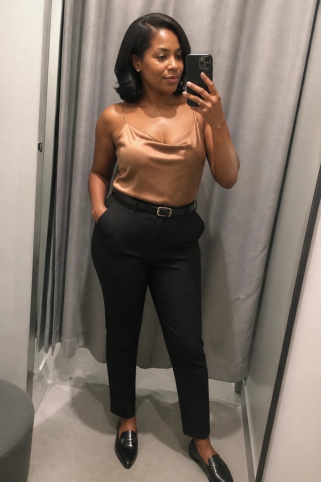 Woman in satin camisole and black pants taking mirror selfie in fitting room