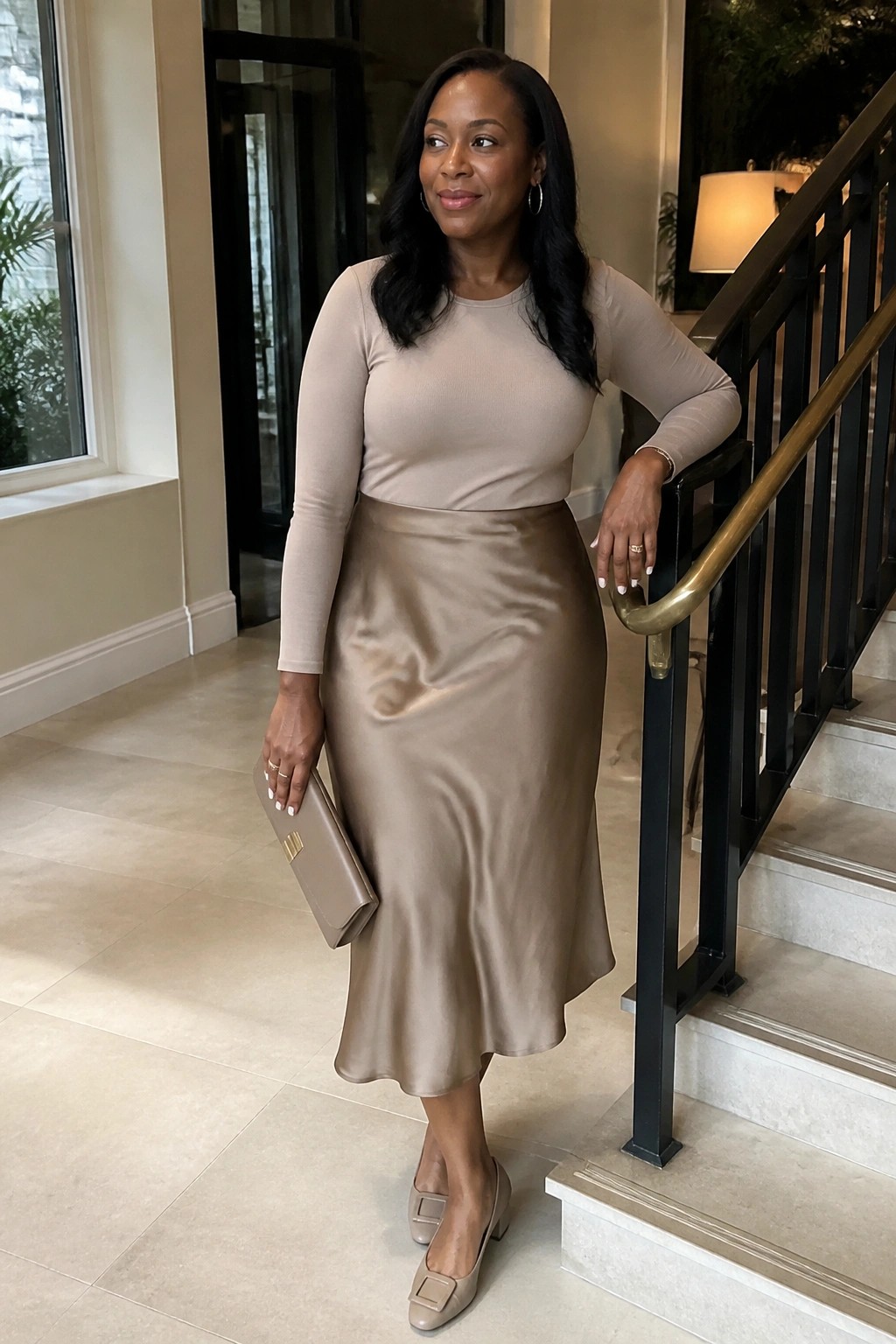 Woman in beige satin skirt and top holding clutch by staircase railing