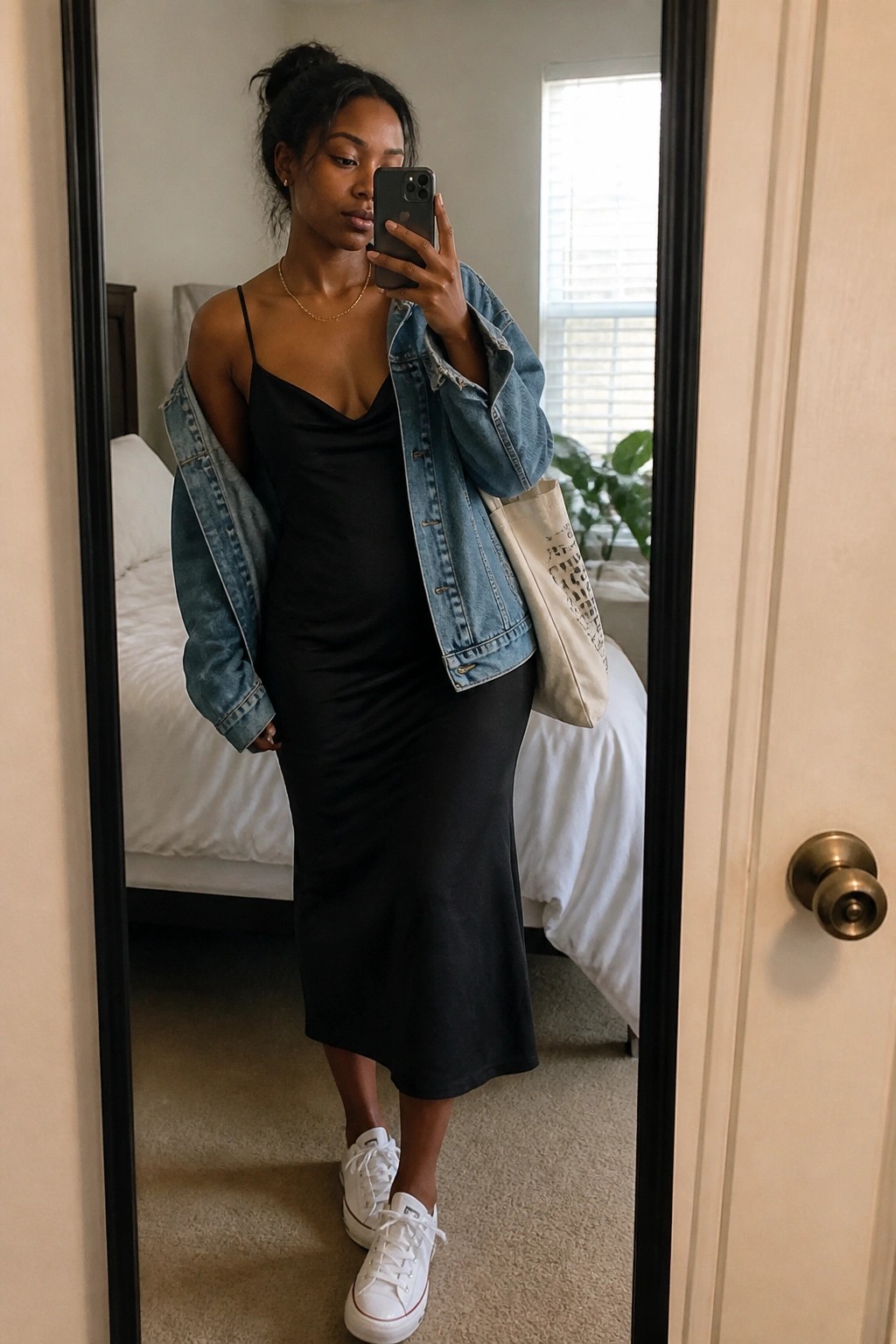 Woman in black slip dress and denim jacket taking bedroom mirror selfie