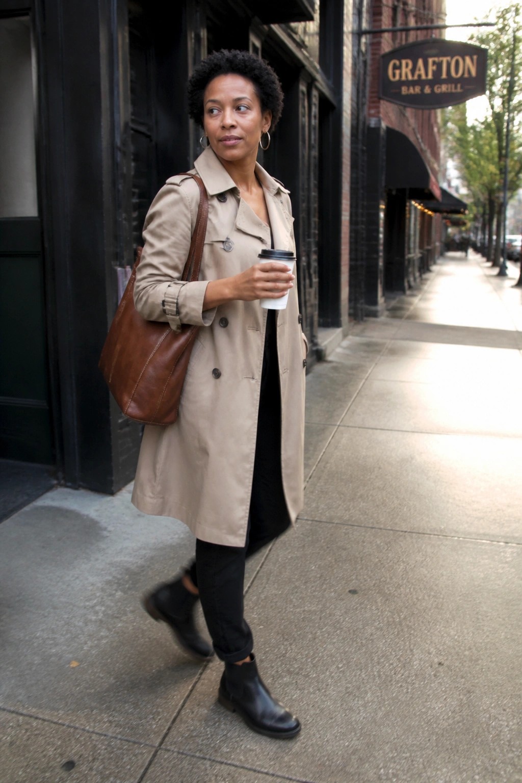 Woman with curly hair in beige coat holding coffee and brown bag on sidewalk