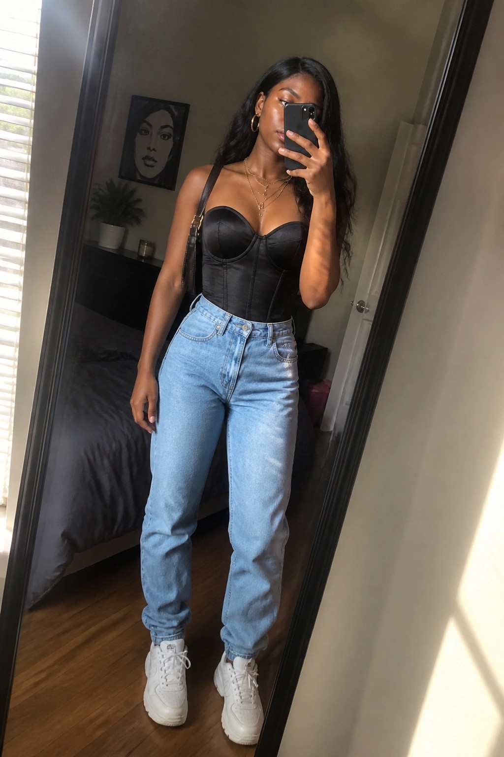 Woman in black corset top and light blue jeans taking mirror selfie.