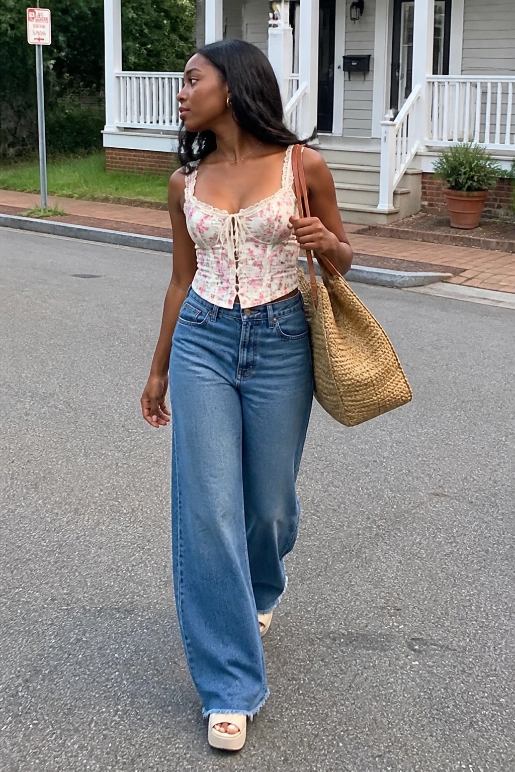 Woman in floral corset top and wide-leg jeans carrying woven straw tote on street