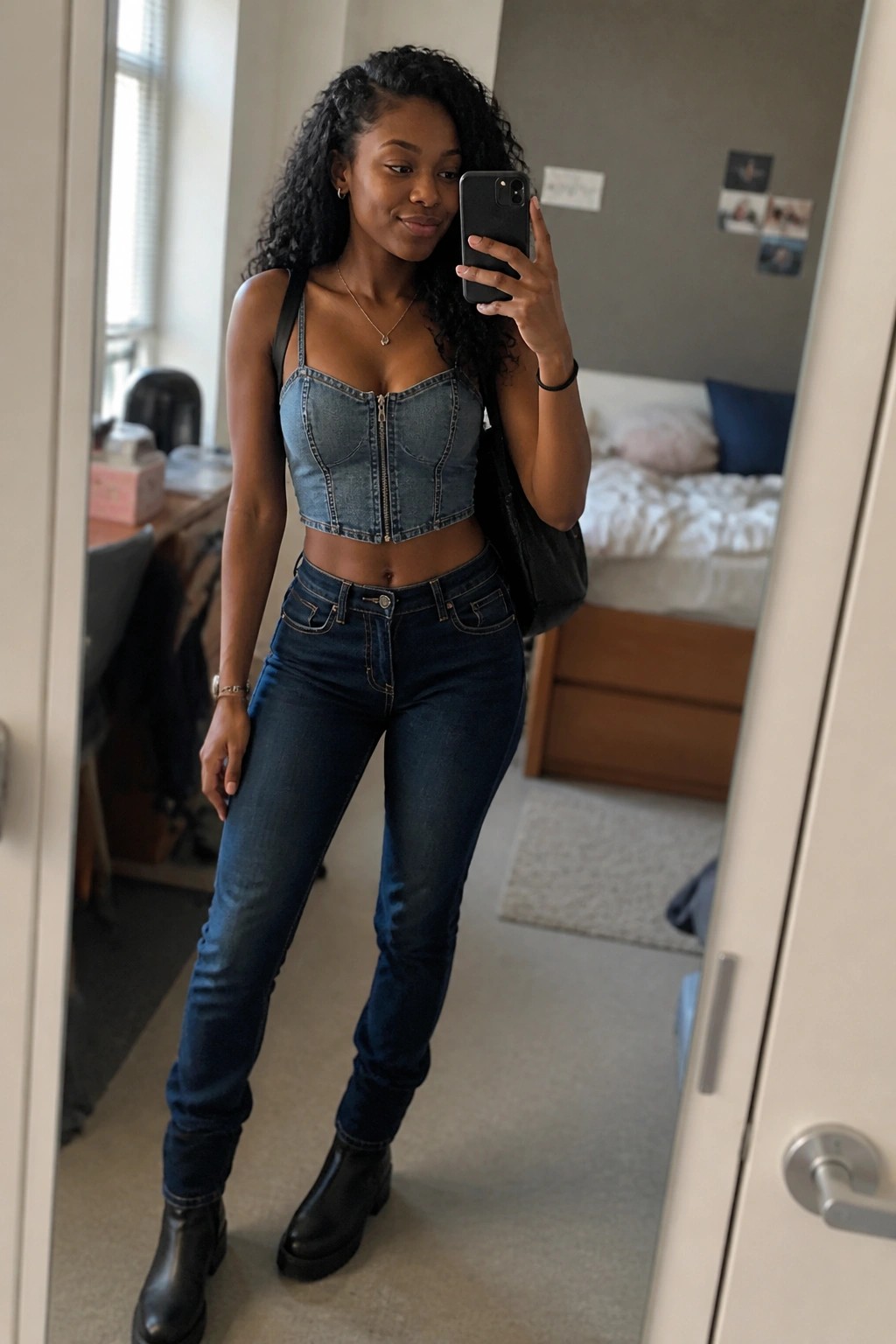 Curly-haired woman in denim zip-up crop top and dark jeans taking mirror selfie
