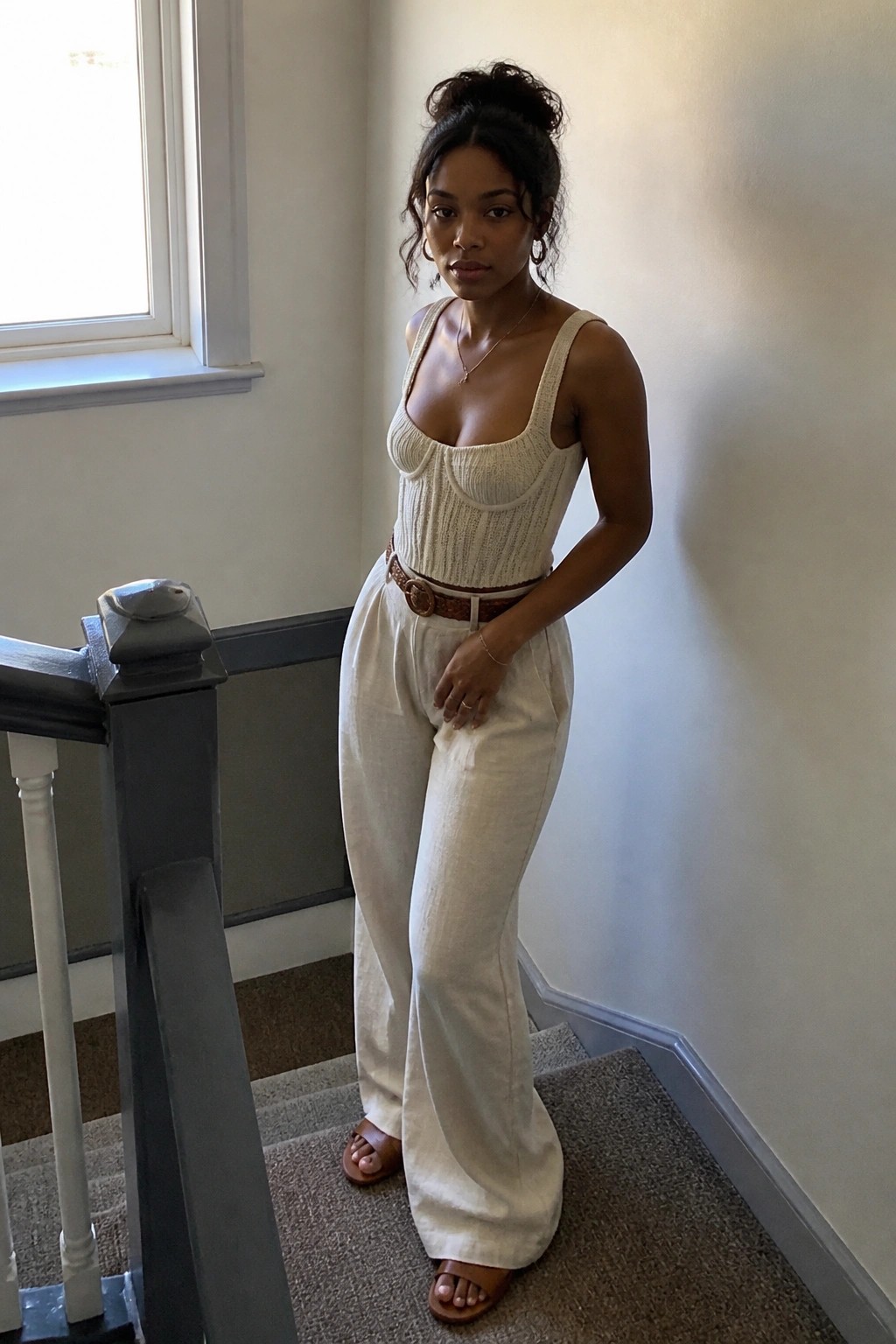 Woman in cream knit top and white wide-leg pants on carpeted staircase