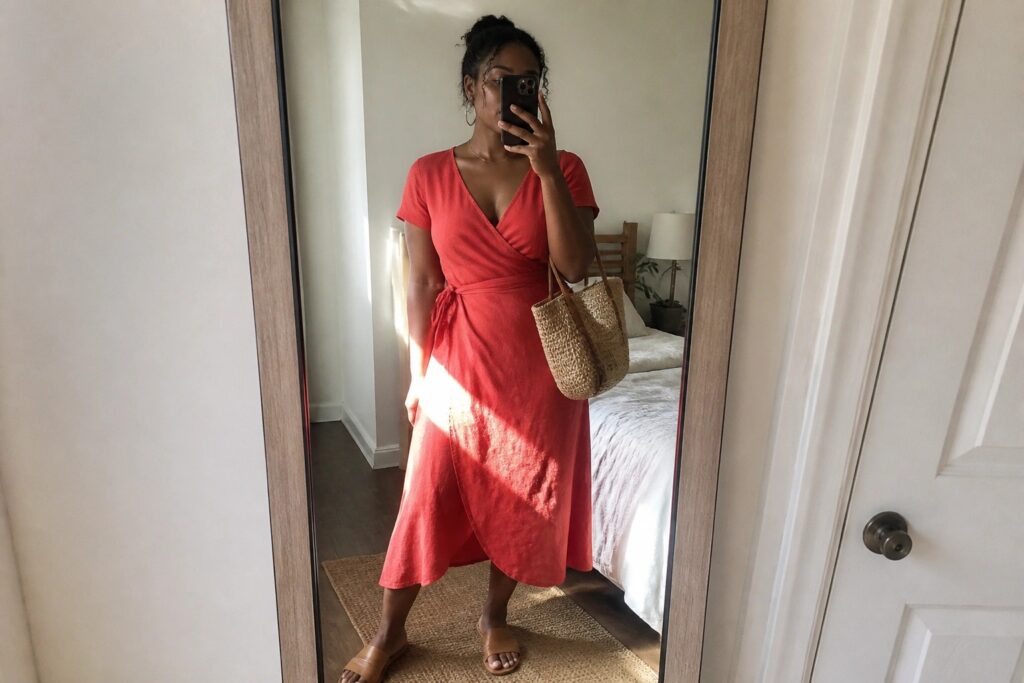 21 Flattering Red Summer Outfits for Black Women Made for Warm Weather Days Woman in red wrap dress with woven bag takes bedroom mirror selfie