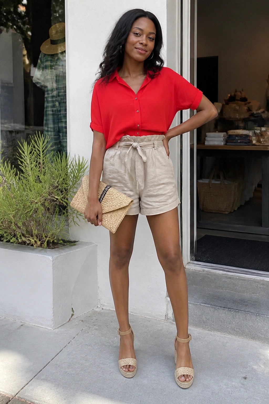 Woman in red shirt and beige shorts holding woven clutch outside shop