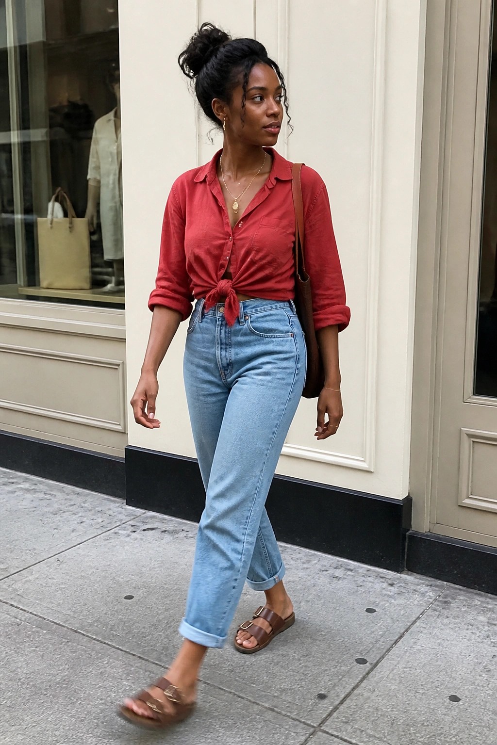 Woman in red tied shirt and cuffed blue jeans walks on sidewalk
