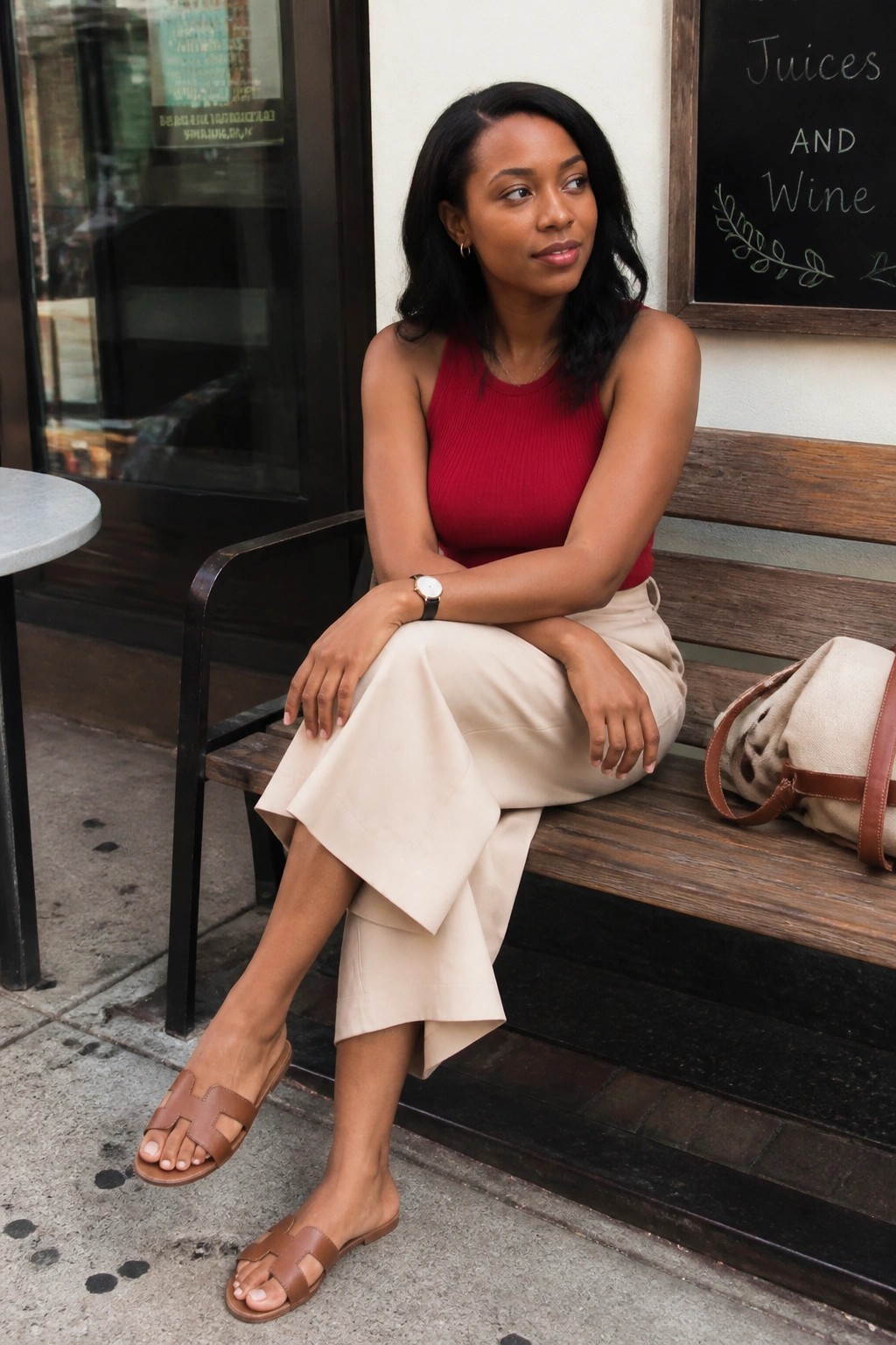 Woman in red sleeveless top and beige pants seated on wooden bench with bag.