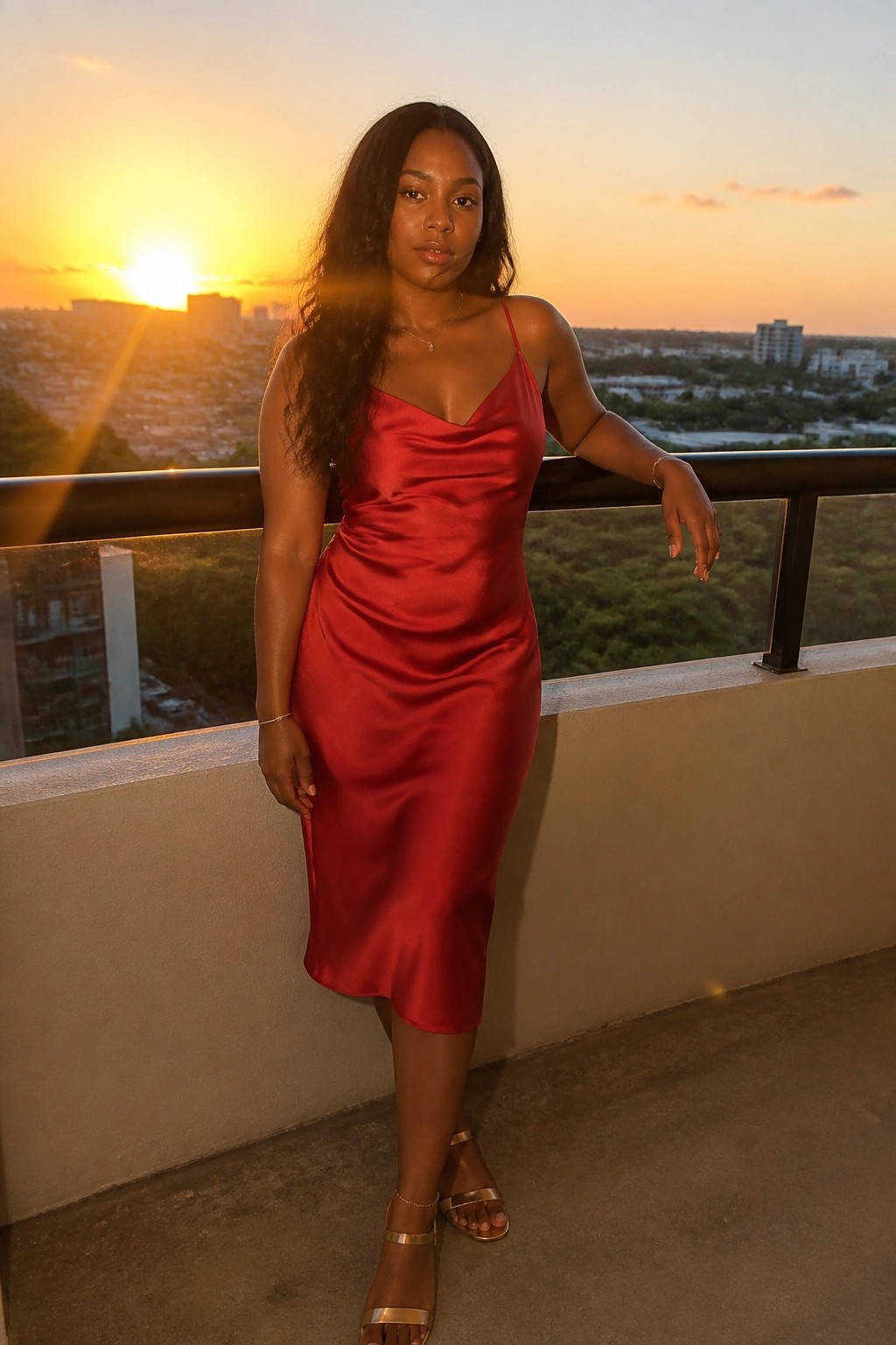 Woman in red satin dress leaning on balcony railing at golden sunset