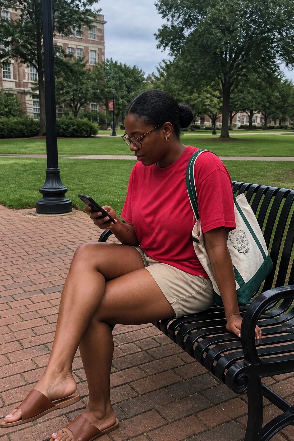 Woman in red shirt and beige shorts sits on bench viewing phone with tote bag