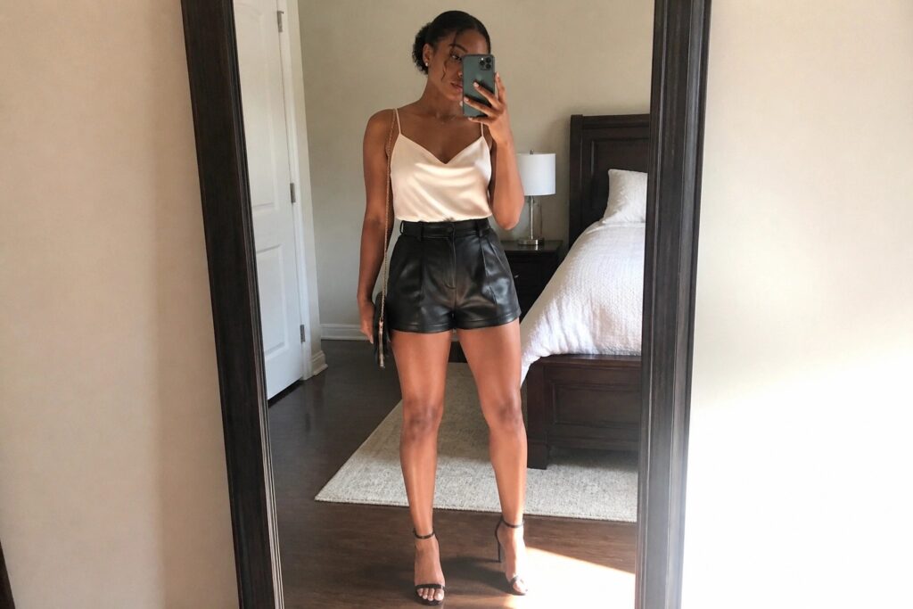 Woman in white satin top and black leather shorts taking bedroom mirror selfie
