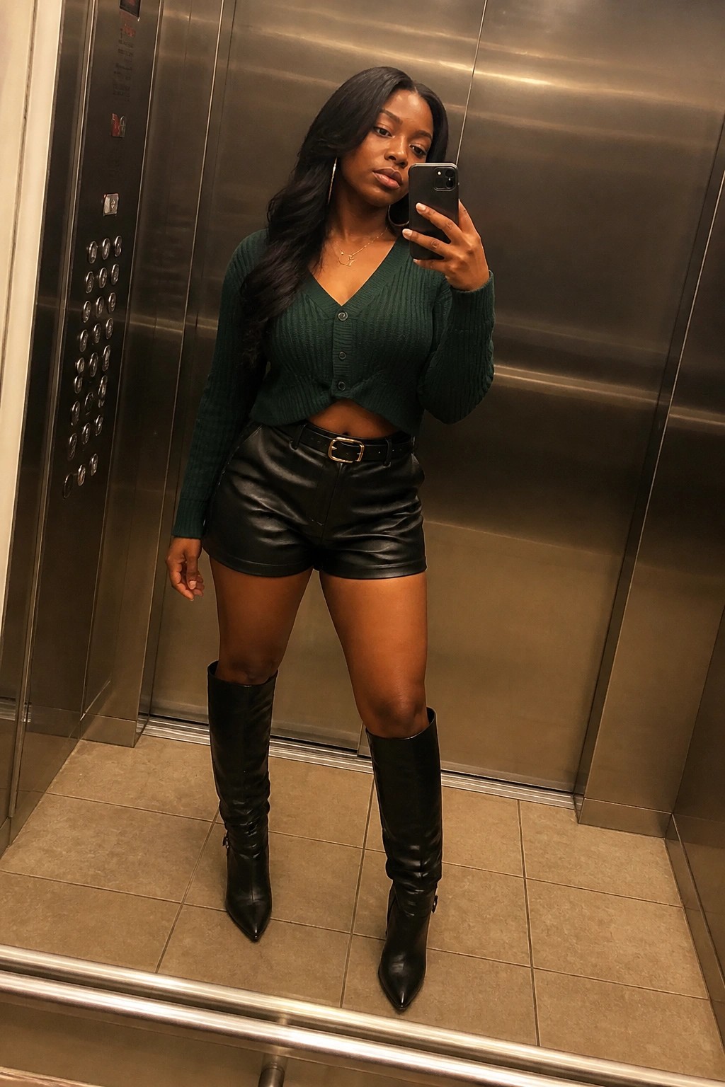 Woman in green cropped cardigan, black leather shorts, and boots taking elevator selfie