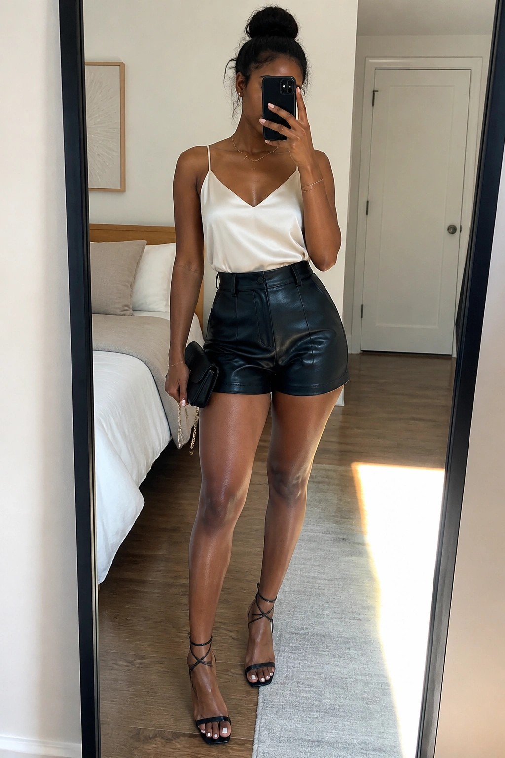 Woman in white satin top and black leather shorts taking bedroom mirror selfie