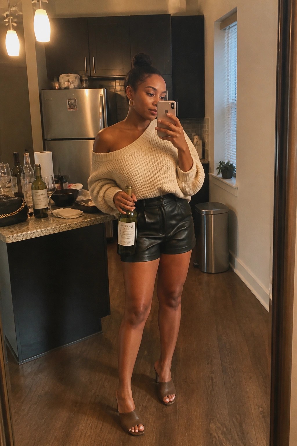Woman in off-shoulder cream sweater and black leather shorts holding wine bottle in kitchen