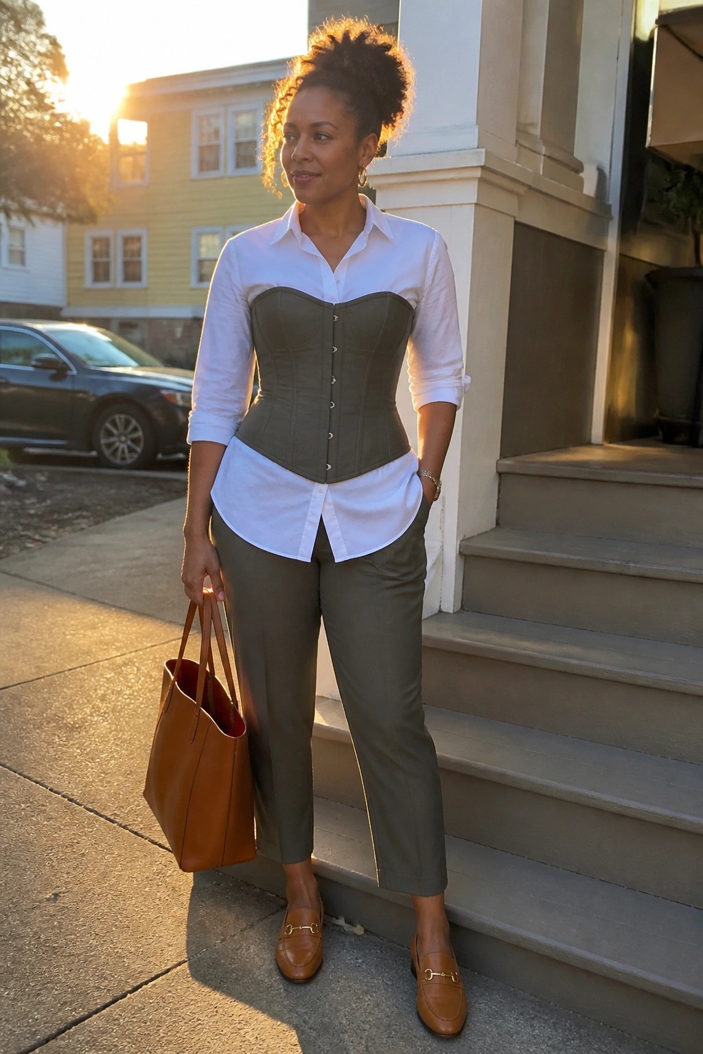 Woman in white shirt with olive corset, olive pants, brown loafers and tote on steps