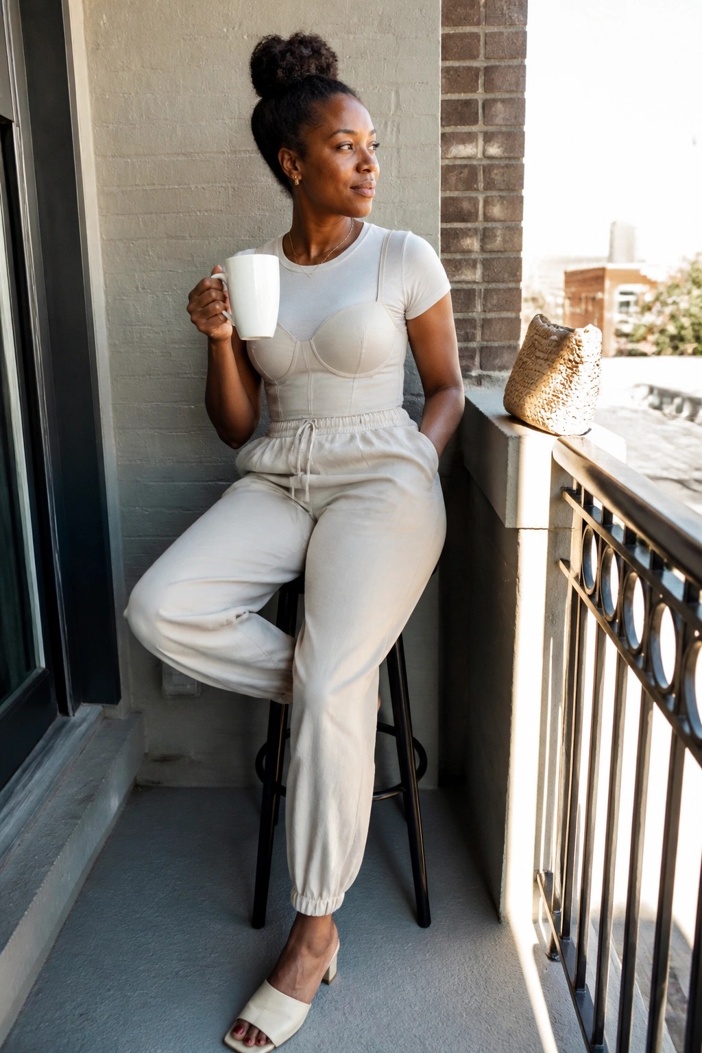 Woman in beige corset top and joggers sits on balcony holding white mug