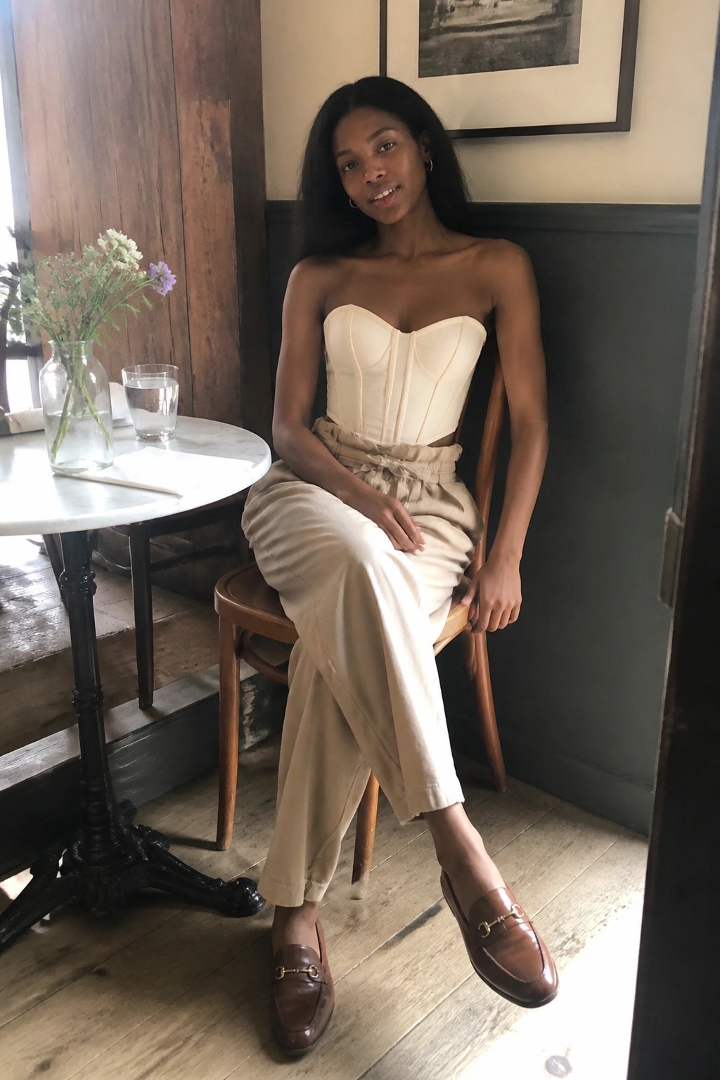 Woman in cream corset top and beige trousers seated in rustic cafe