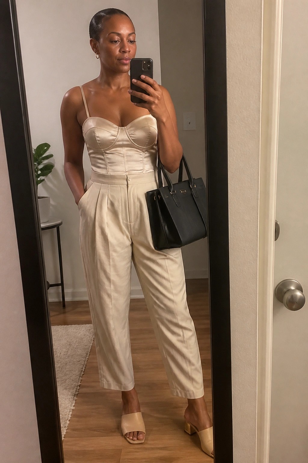 A Black woman taking a mirror selfie in a cream satin corset top paired with high-waisted cream pleated trousers, holding a black handbag and wearing cream heeled mules.