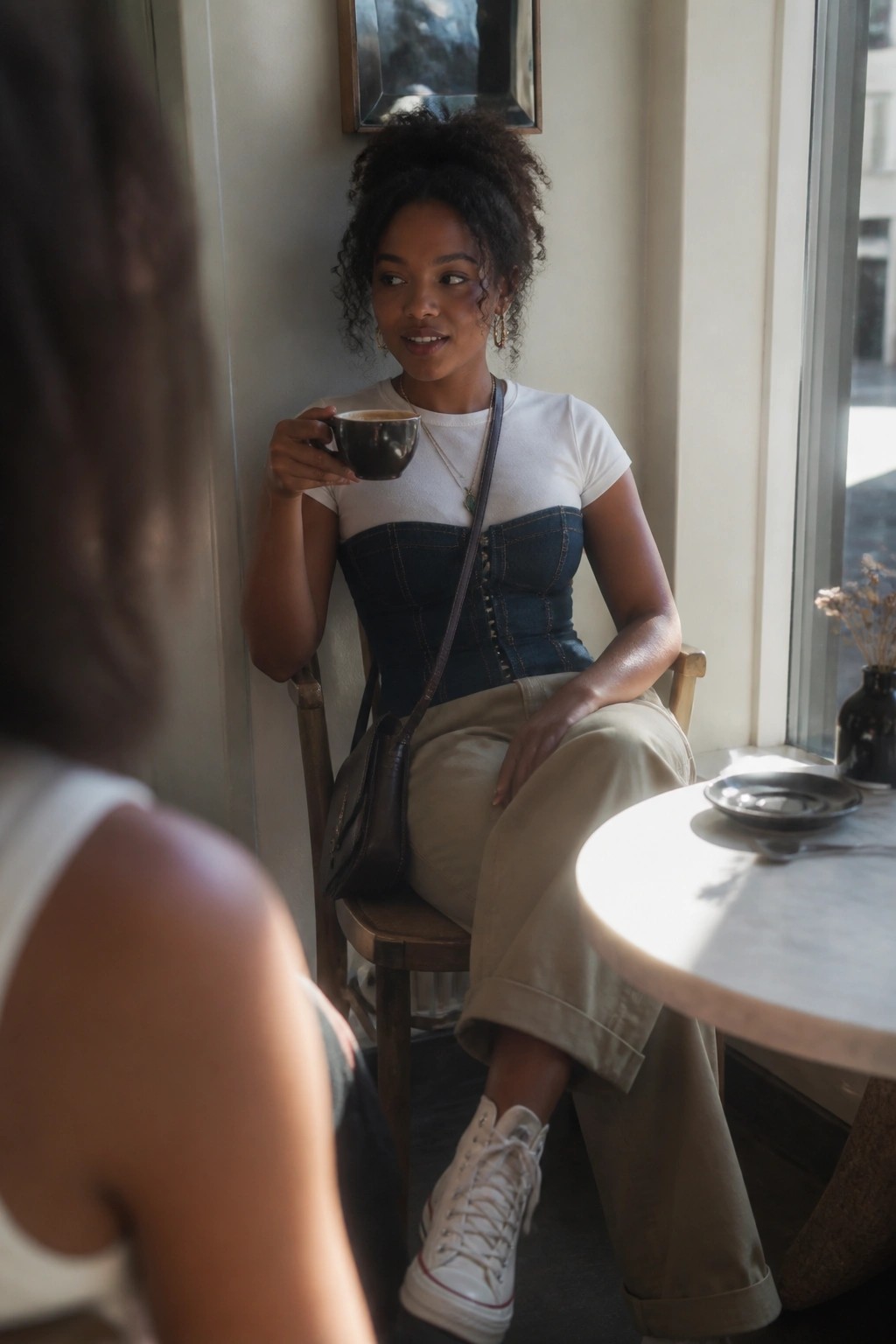Woman with curly hair in denim corset holds coffee cup in sunny cafe.