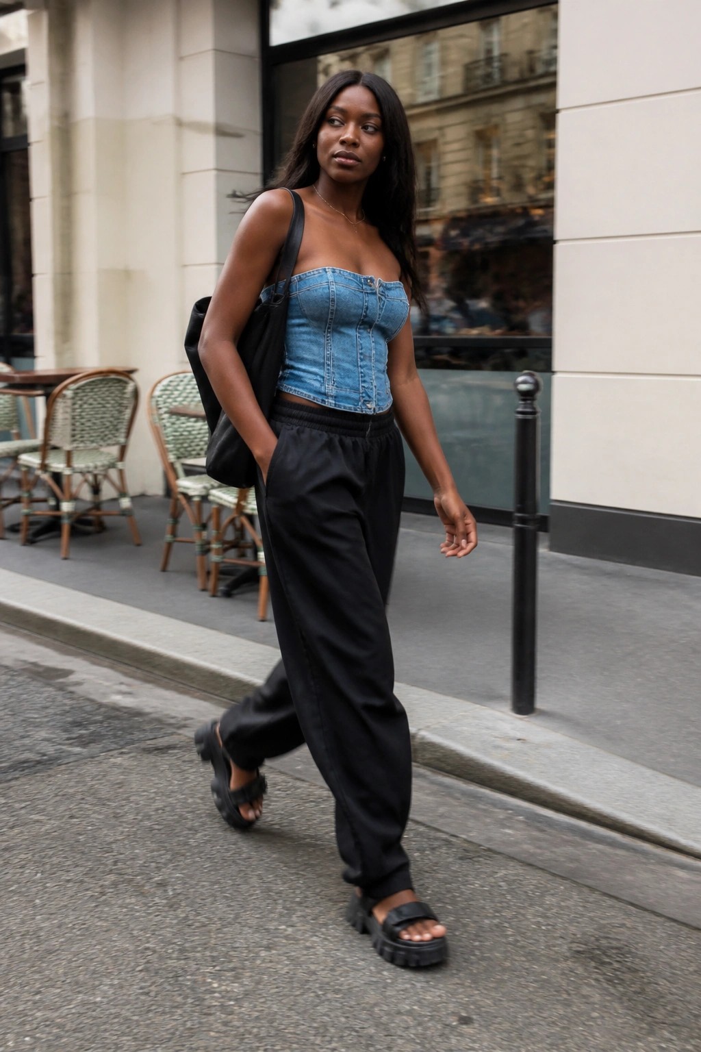 Woman in blue denim corset top and black pants walking on city sidewalk with tote bag.