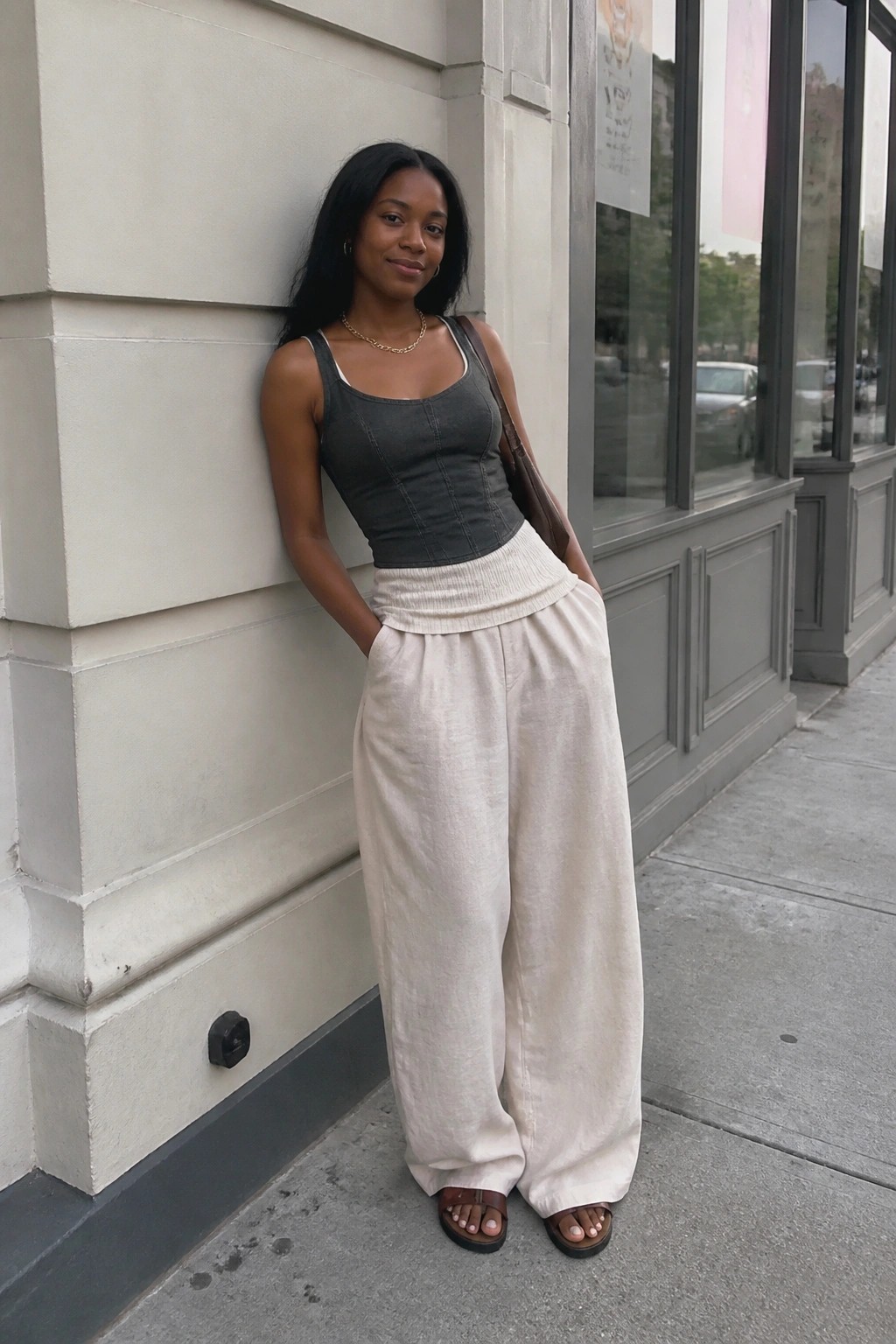 Woman in gray corset top and beige wide-leg pants leaning against wall