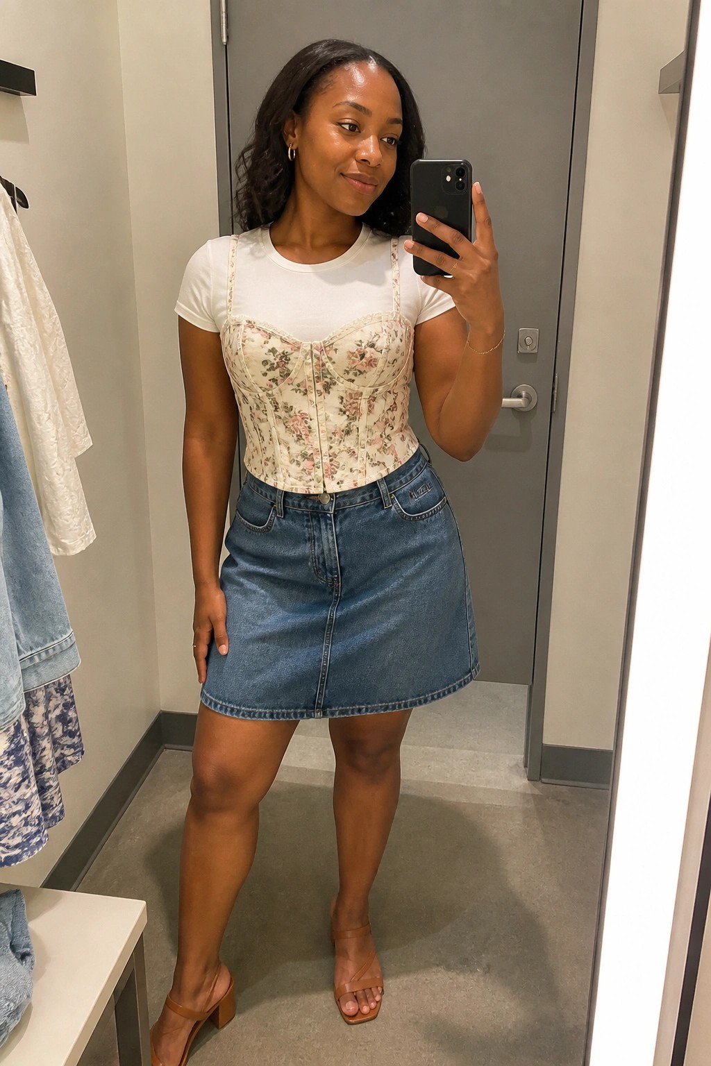 Woman in floral corset top and denim skirt taking mirror selfie with phone.