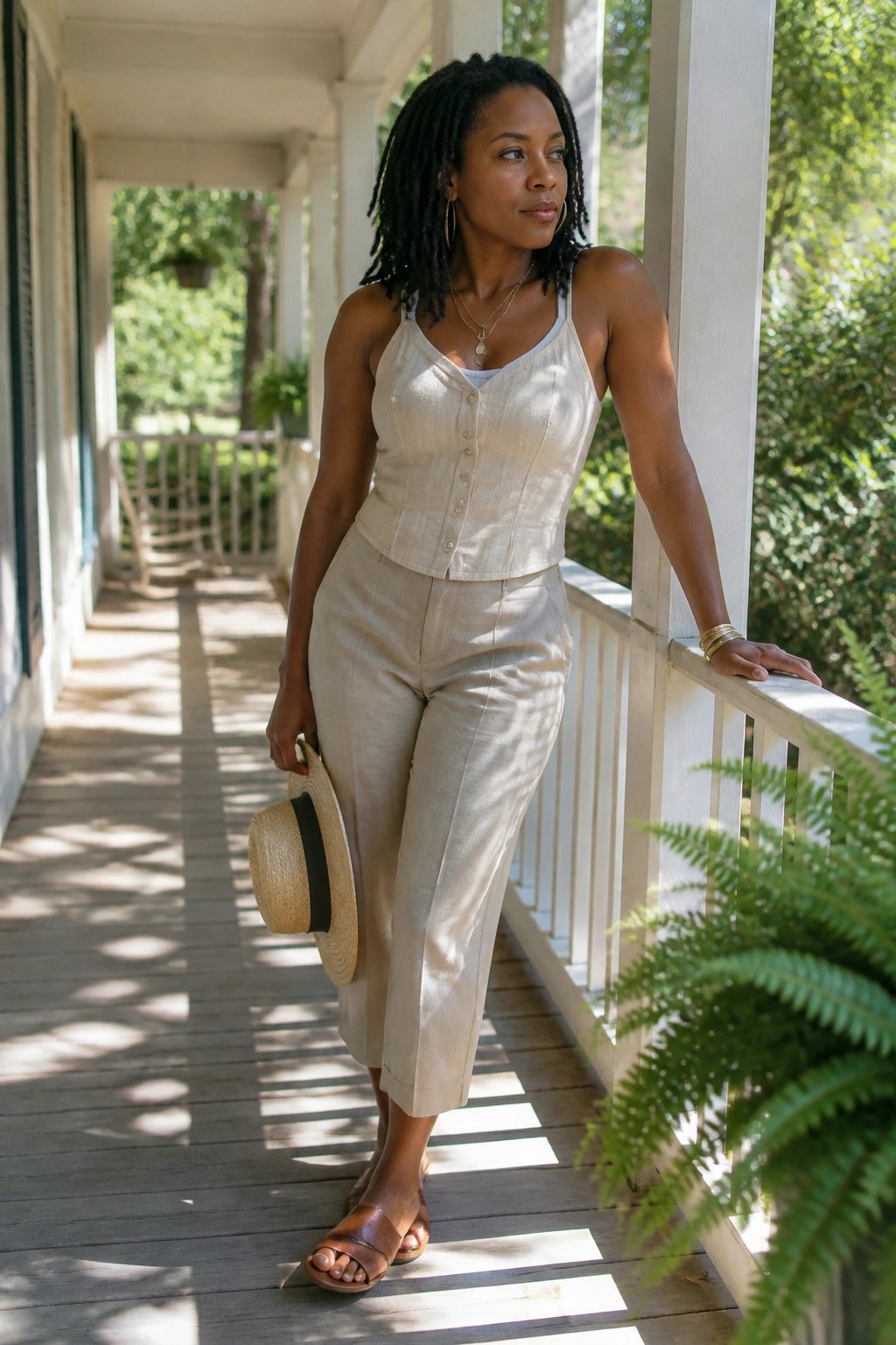 Woman in beige linen vest and pants holding straw hat on sunny porch