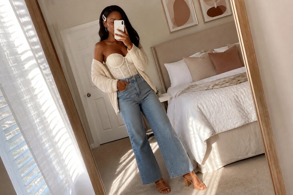 22 Romantic Lace Corset Outfit Ideas for Black Women Black woman taking mirror selfie in cream lace strapless corset top, light blue wide leg jeans, cream cardigan layered over arms, gold necklace, beige strappy sandals, holding phone.