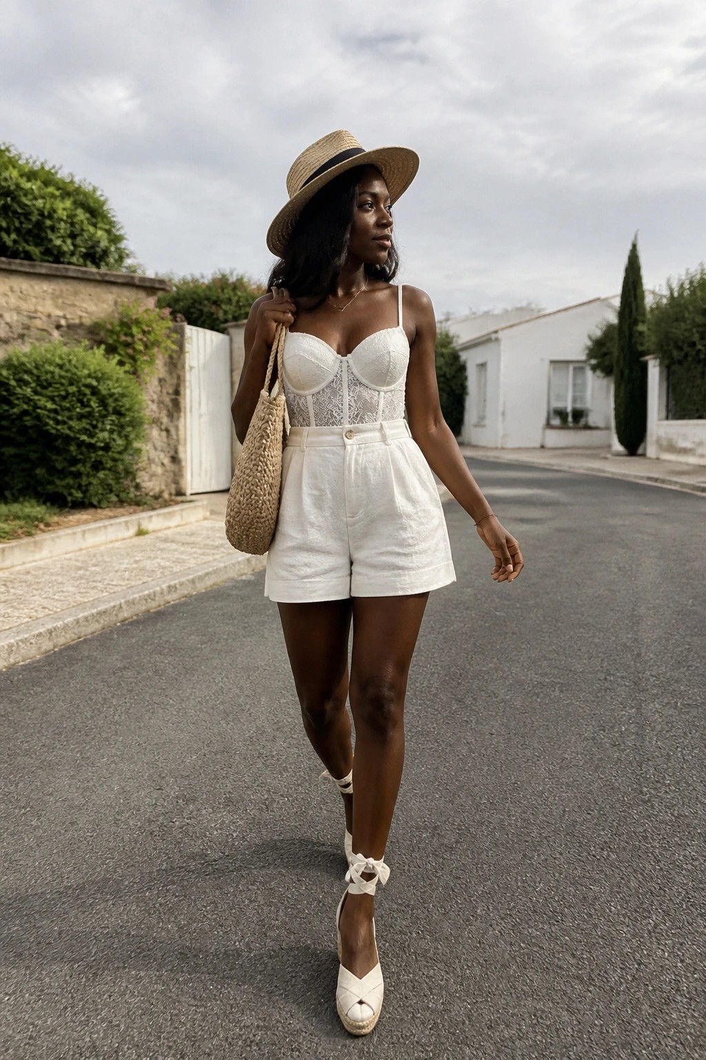A Black woman wearing a white lace corset top tucked into high waisted white shorts, paired with straw hat, woven tote bag, and white espadrille wedge sandals tied at the ankles.