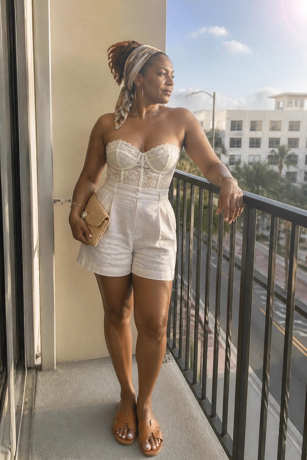A Black woman in a cream lace strapless corset top tucked into high-waisted white linen shorts, paired with a patterned headscarf, woven clutch, gold jewelry, and brown slide sandals.