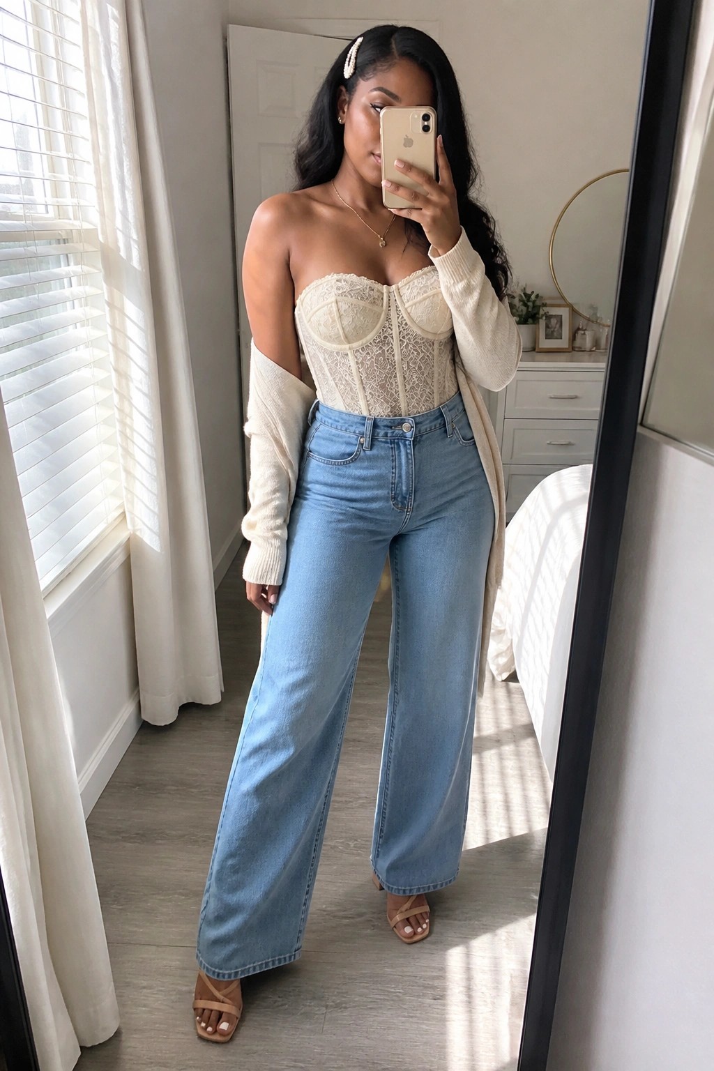 Black woman taking mirror selfie in cream lace strapless corset top, light blue wide leg jeans, cream cardigan layered over arms, gold necklace, beige strappy sandals, holding phone.