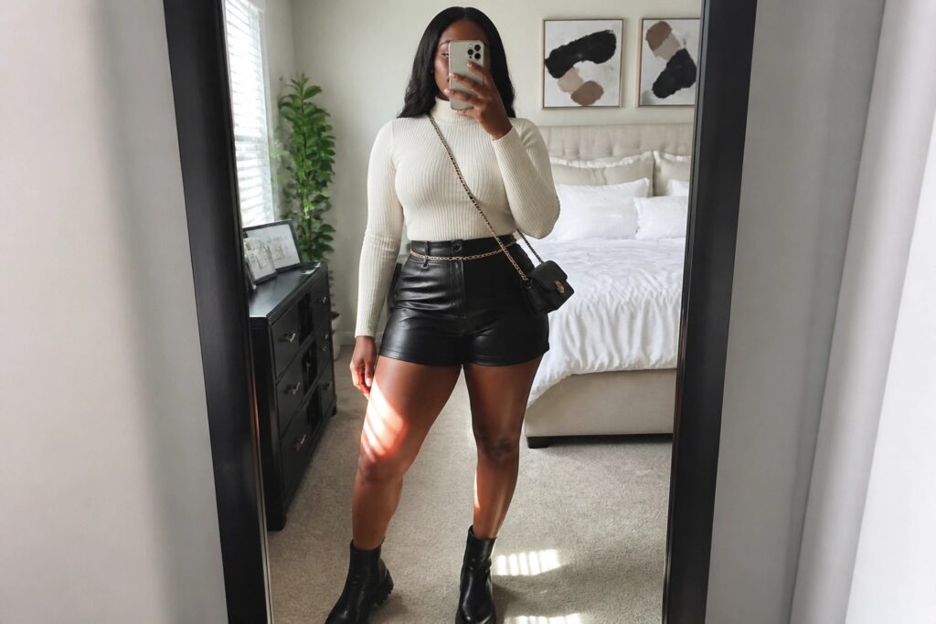 Woman in white turtleneck, black leather shorts, and boots taking mirror selfie in bedroom
